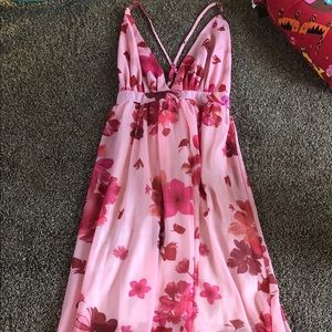 Pink & red flowered maxi dress with open back.